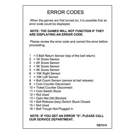DECAL (ERROR CODES) [RB7010] for ICE game(s)