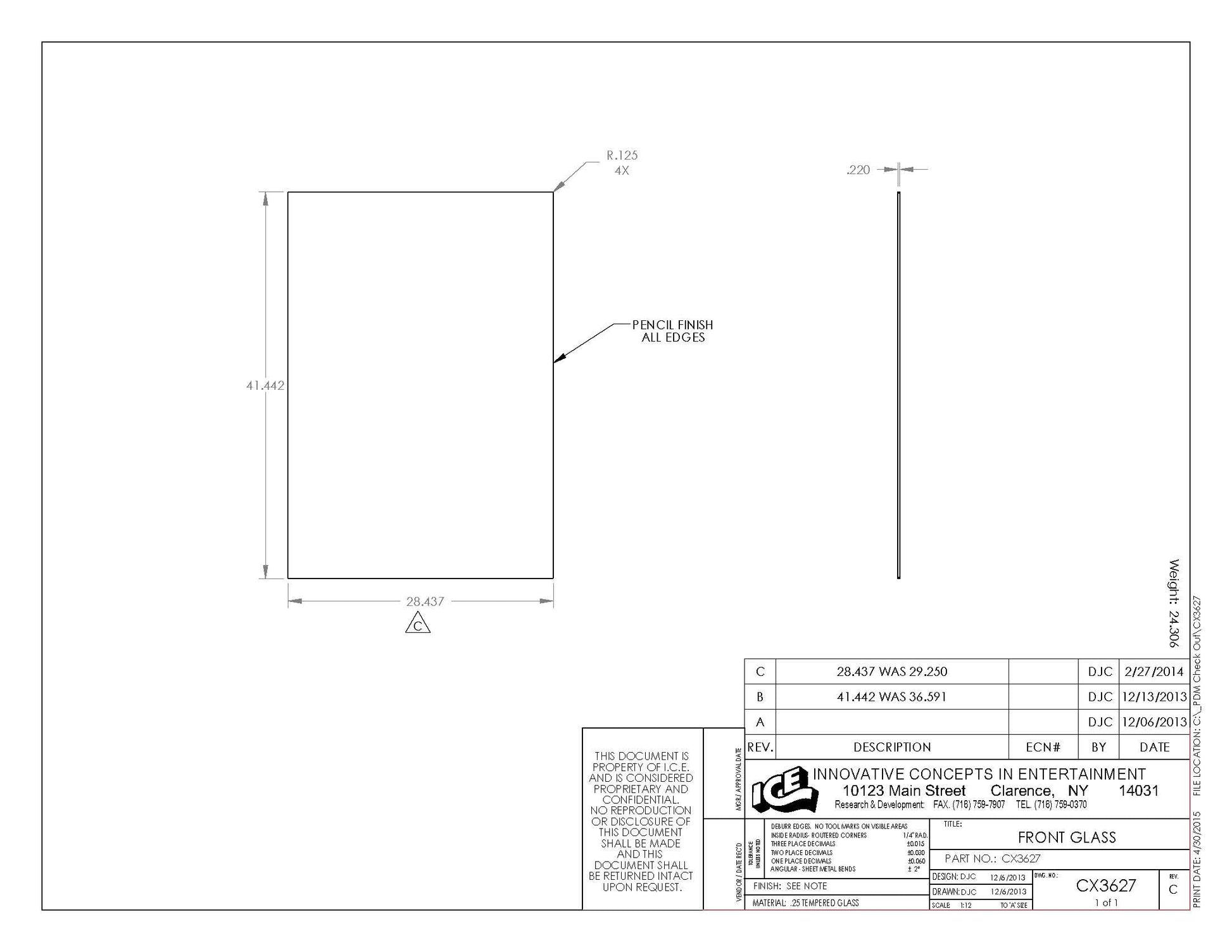 GLASS (FRONT) SHIP W/CX1615 [CX3627] for ICE game(s)